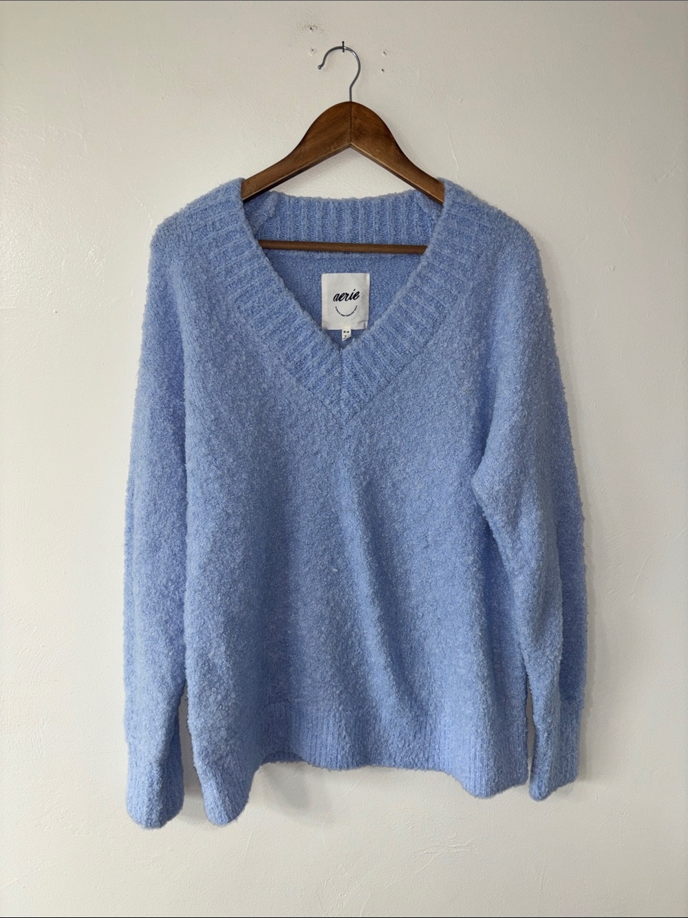 Aerie Periwinkle Blue Purple V-Neck Sweater Fuzzy Oversized Lounge Size Medium